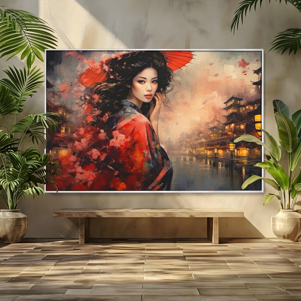 Tablou canvas cu tablou canvas cu gheisa in kyoto, in rama de aluminiu argintiu